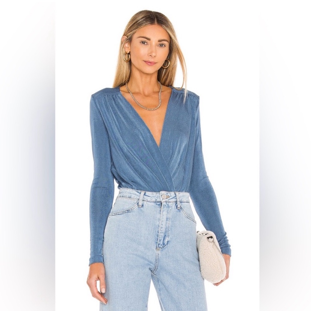 Free People Turnt Deep Blue V-Neck Bodysuit Medium